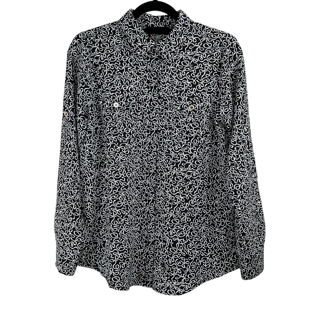 Karl Lagerfeld Black White Abstract Script Logo Print Roll Tab Blouse S Preppy